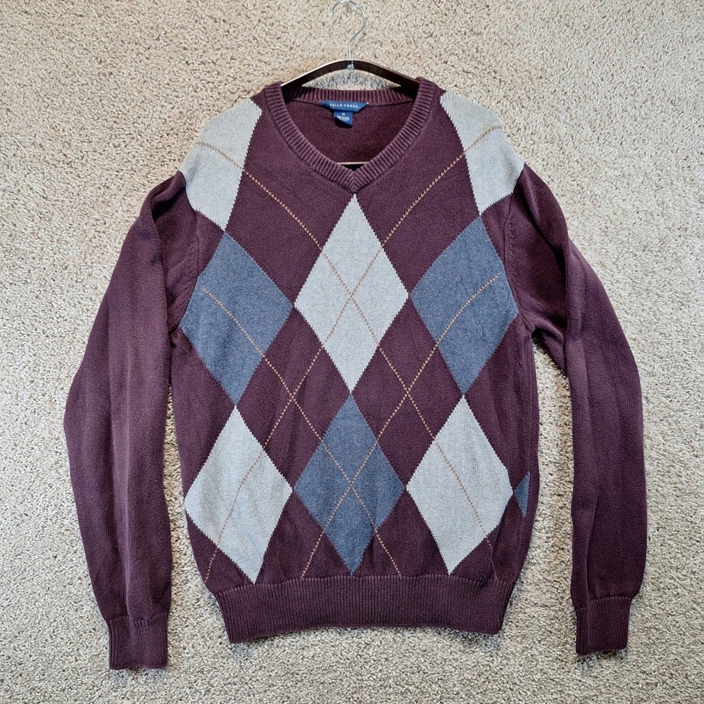 Falls Creek Sweater Mens Medium Purple Argyle V-Neck Pullover Preppy Classic